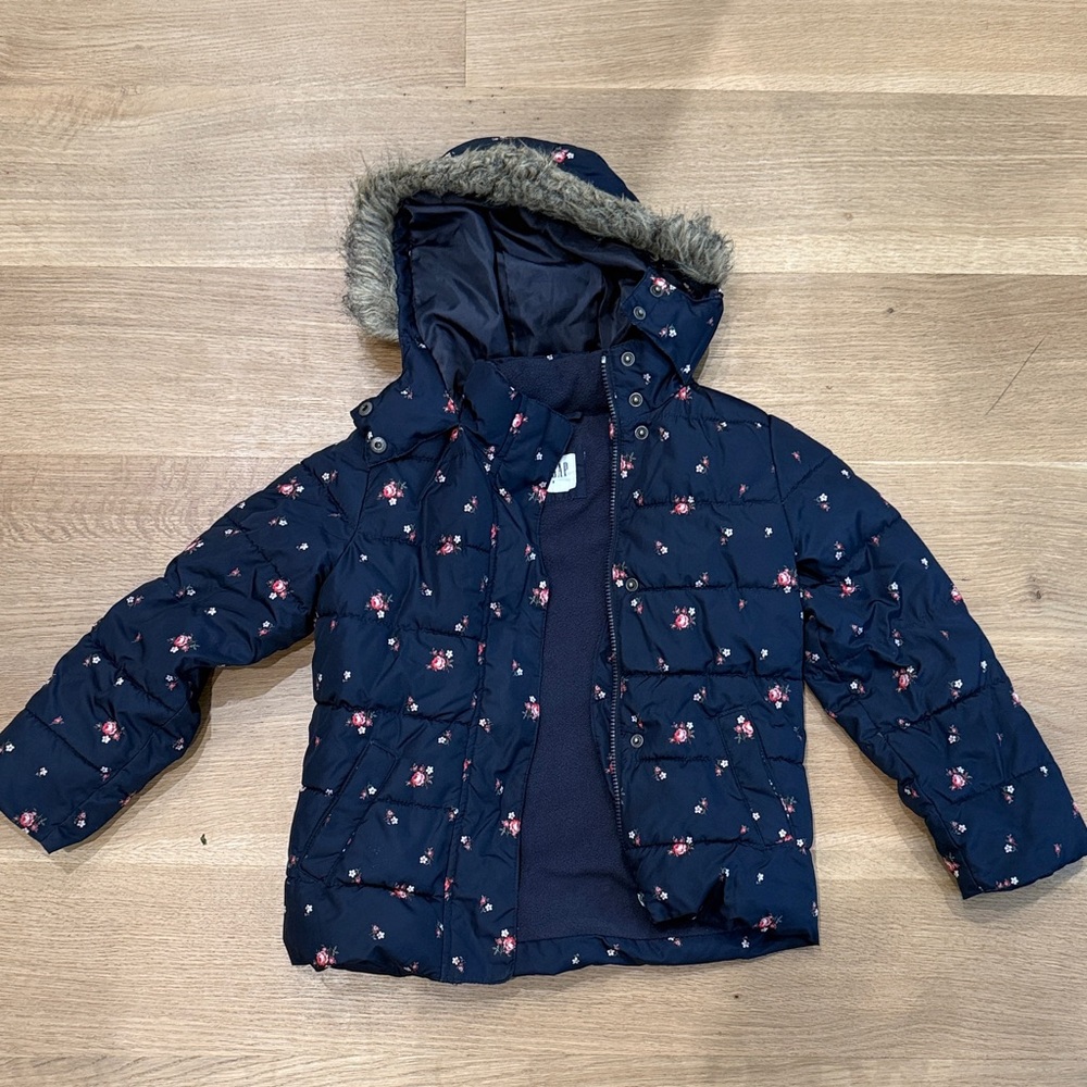 GAP Navy Floral Kids Puffer Jacket with Faux Fur Hood girls size medium 8/10
